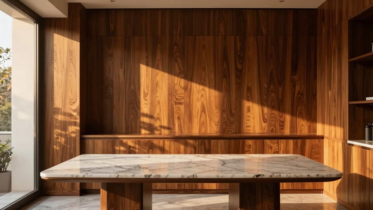 Warm architectural interior photography of a luxurious design studio in India, featuring rich walnut wood panels, a large marble consultation table, soft golden-hour window light casting long shadows, 35mm