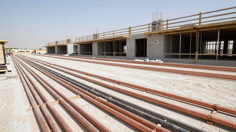 Wide-angle architectural photograph of an active commercial construction site in Doha, showing clean MEP installation with copper pipes and organized cable trays under bright natural daylight, sharp focus, 35mm lens