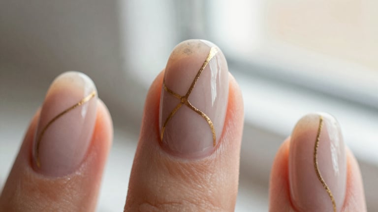 Macro extreme close-up of hand-painted minimalist nail art, organic abstract lines in warm taupe and gold on a clean natural nail, soft window light, shallow depth of field