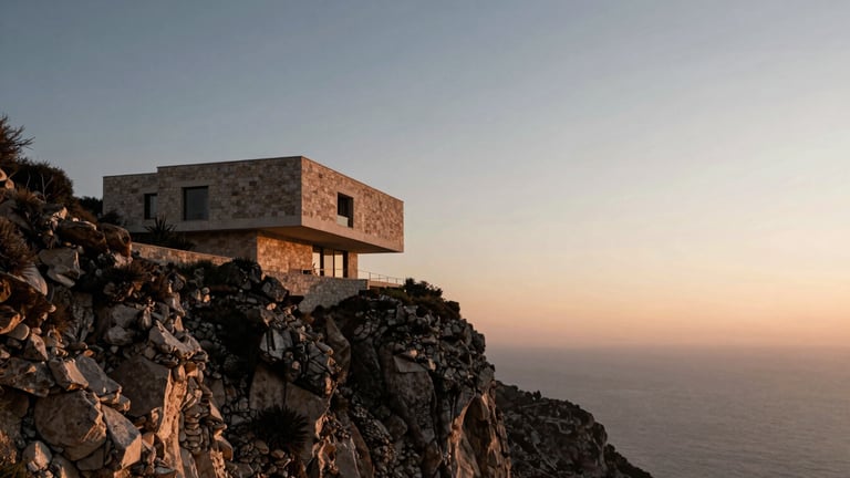Wide panoramic shot of a dramatic Mediterranean coastline at sunset, a single modernist stone villa integrated into the cliff face, expansive sky, deep shadow tones