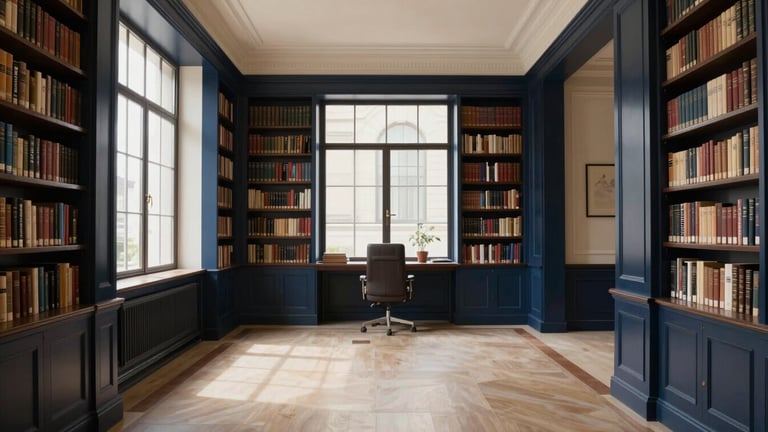 Wide panoramic view of an elegant, quiet corporate library with structured architectural lines, soft natural window light, deep navy and champagne tones
