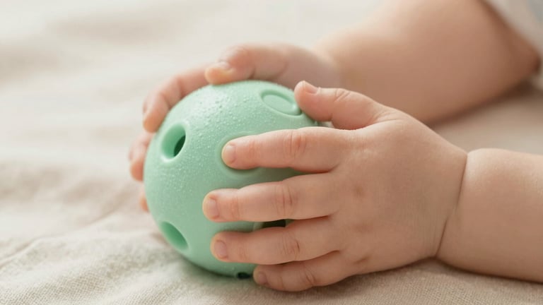 Close-up macro shot of tiny infant hands grasping a soft-textured mint green sensory ball, resting on a neutral linen blanket, soft warm natural light.