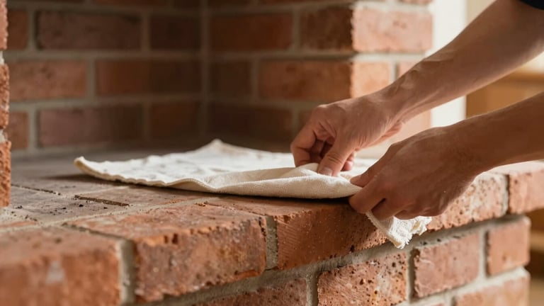 Hands of a professional technician carefully placing a protective drop cloth over a clean brick hearth, soft daylight, shallow depth of field