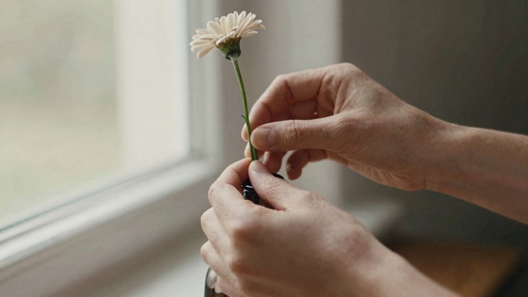Close-up of hands gently arranging a single delicate flower stem into a small vase, soft natural window light, organic earthy tones, shallow depth of field, 35mm film