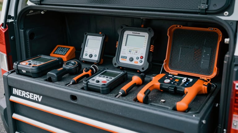 Close-up, detailed shot of an organized toolkit and specialized diagnostic equipment laid out neatly inside a branded INERSERV service vehicle, ready for use, industrial editorial photography, PNW daylight, cool slate and safety orange tones, sharp focus, 35mm.