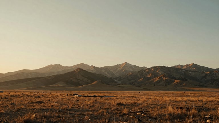 Wide panoramic Wyoming landscape at golden hour, rugged mountains and expansive sky, warm earthy tones, low horizon, soft morning window light.