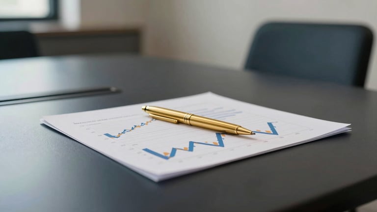 A clean, minimalist boardroom table with financial charts and a golden pen, soft side-lighting, professional consulting environment, 35mm
