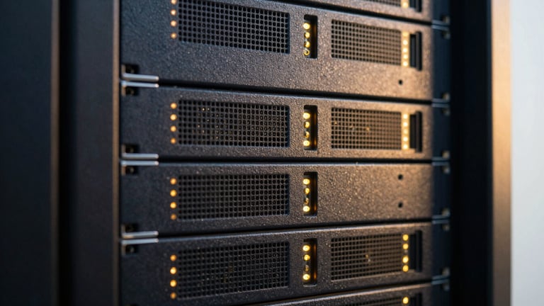 Close-up of a high-end server rack with soft gold indicator lights in a clean, modern data center, warm side-lighting, professional corporate style, 35mm