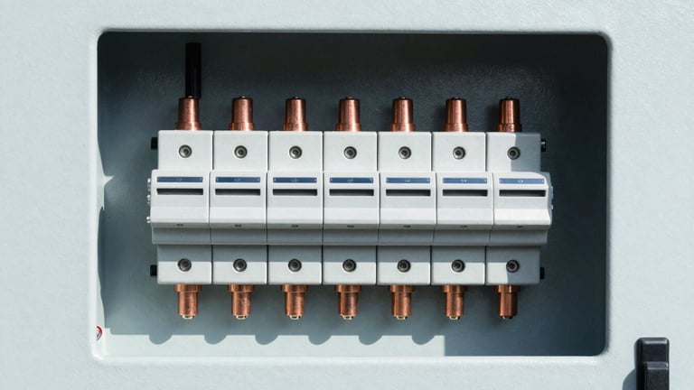 High-contrast macro shot of a newly installed commercial electrical distribution panel, crisp daylight, copper components visible, perfectly aligned, 35mm architectural photography