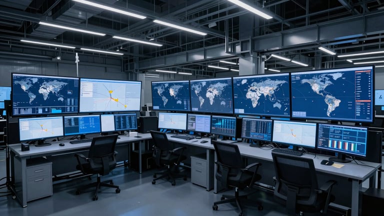 High-tech trading desk room with multi-screen setups showing global shipping routes, cold blue lighting, sharp contrast.