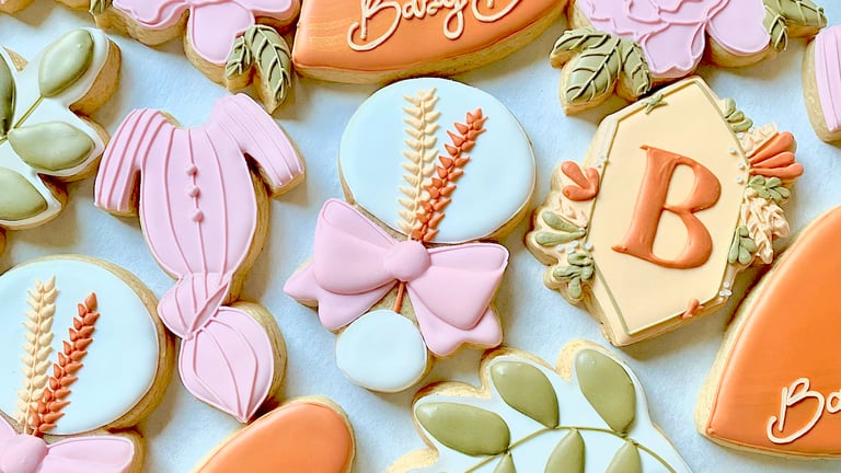 Floral decorated sugar cookies for baby shower