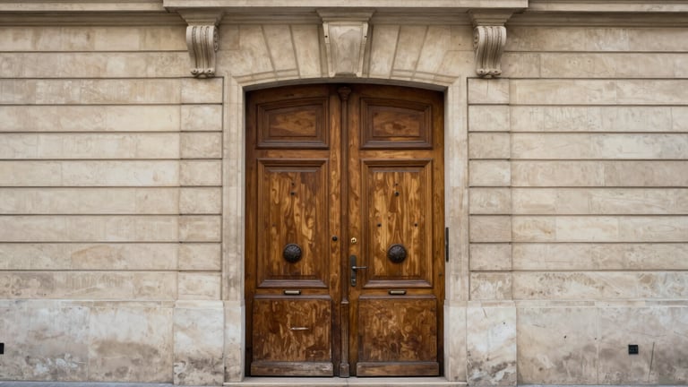 Symmetrical architectural elevation of a restored historic wooden door in Paris, soft overcast daylight, clean stone facade framing