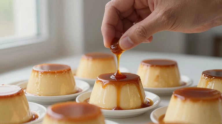 Close-up shot of hands delicately drizzling caramel over a mini Brazilian flan (pudim) with precision, showcasing the glossy texture, soft side window light, rich caramel and cream tones, macro depth of field, elegant and clean background.