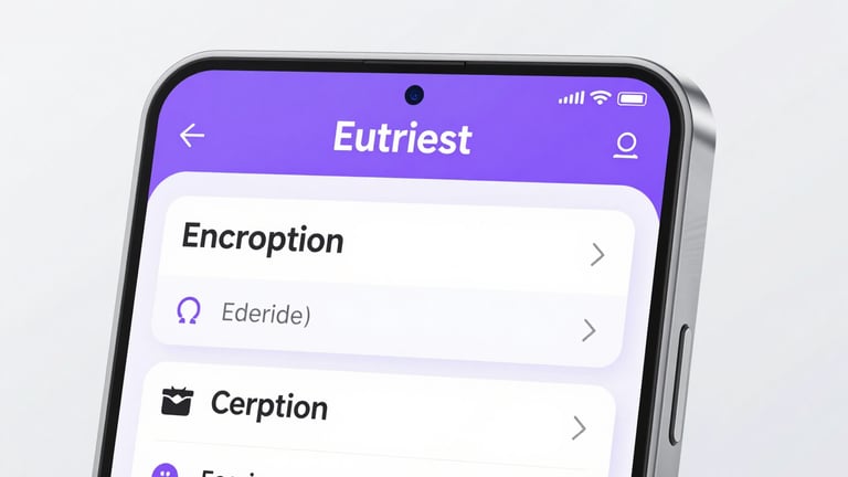 Close-up of a modern studio-lit tech device displaying clean encryption interfaces, bright daylight, minimalist aesthetic.