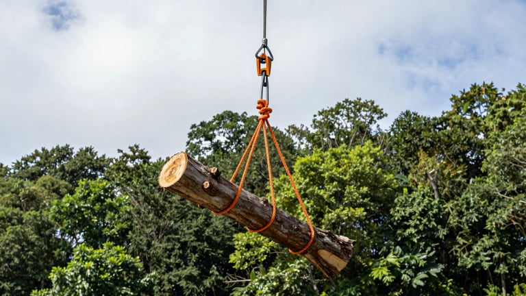Low-angle heroic shot of a heavy-duty rigging system with high-tensile orange ropes securing a massive cut limb, with a forest green canopy and bright sky in the background.