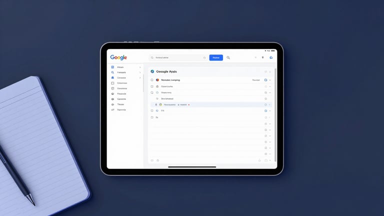 Overhead workspace with a tablet displaying a clean Google AppSheet interface, neat wireframe notebook, cool studio lighting with electric blue highlights.