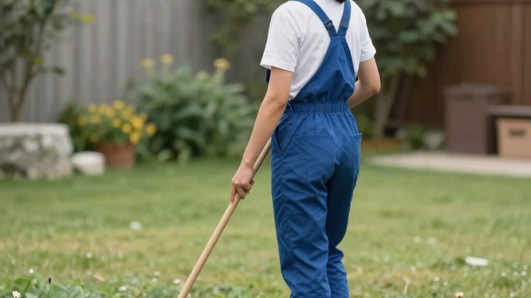 A friendly technician in a pawpure uniform scooping dog waste from a suburban lawn on a sunny day.
