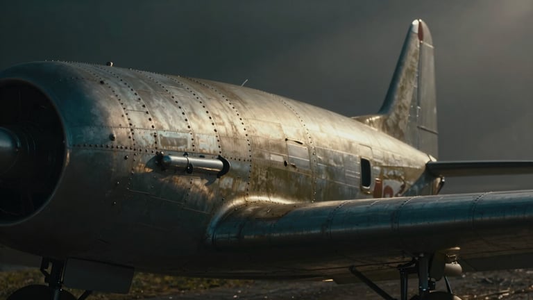 Extreme close-up of weathered rivets on a vintage aircraft fuselage, polished chrome detail of a classic car engine, dramatic low-key lighting, high-contrast shadows, moody atmospheric haze, 35mm anamorphic.