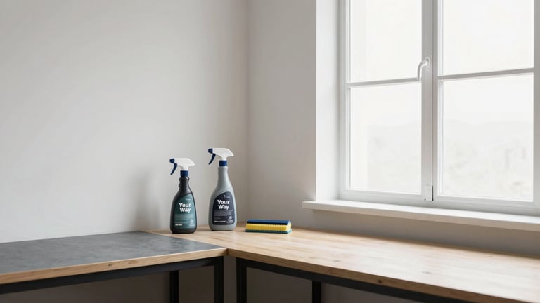 Wide shot of a clean, minimalist workshop corner with a workbench, a few Your Way Cleaning tools neatly arranged, bright natural light coming from a large window.