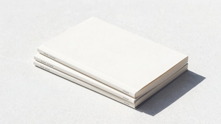 Three minimalist book covers stacked neatly on a clean white concrete surface, bright high-contrast daylight, 35mm