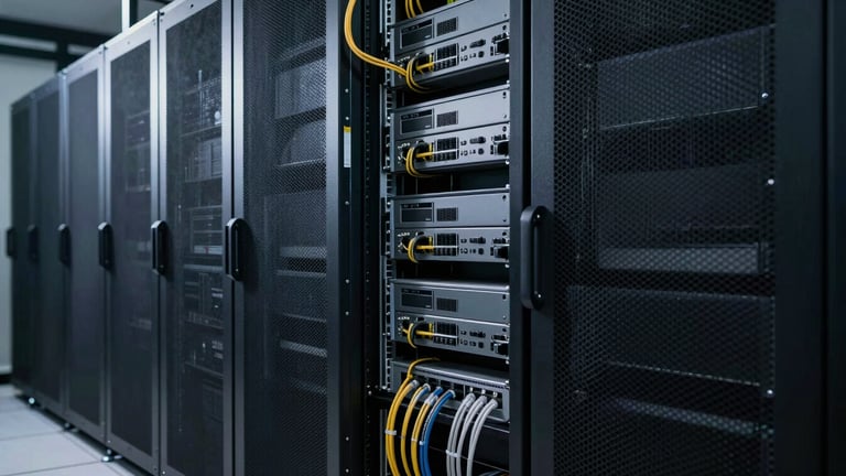 wide shot of a completed commercial installation featuring neat server racks and clean cable management, cool technical color palette, dramatic directional lighting, 50mm