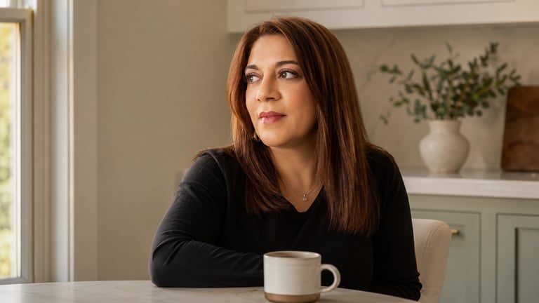 A thoughtful woman with brown hair sits in a bright kitchen with a coffee mug.