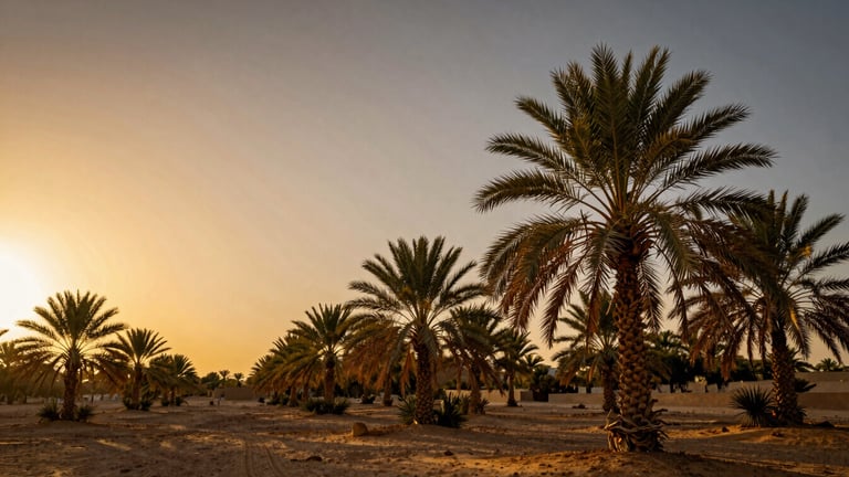 Wide panoramic view of ancient date palm groves under a dramatic golden hour desert sky, low horizon, warm side-lighting, expansive negative space on the left.