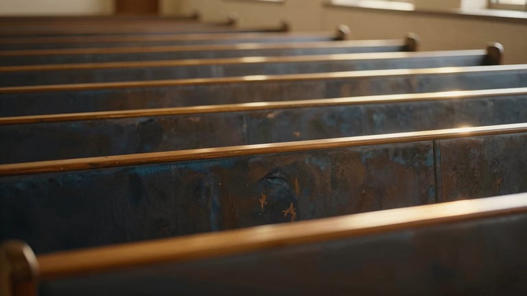 Warm golden light illuminating empty wooden pews in a simple sanctuary, soft peaceful atmosphere