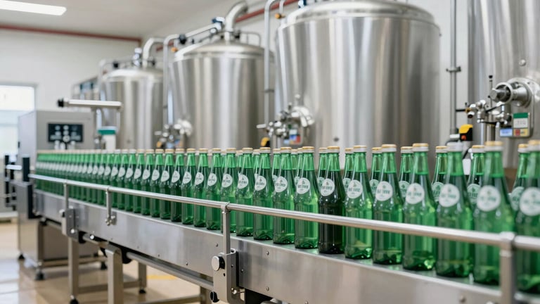 Wide environmental shot of a clean, modern automated bottling line at a Hite-Jinro brewery, sleek stainless steel machinery, rows of green bottles under bright daylight