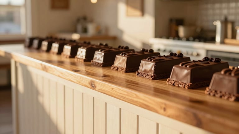 Warm-toned editorial food photography of a cozy kitchen storefront in Meridian, golden-hour side light, rich chocolate and cream tones, shallow depth of field, macro details of a wooden pickup counter.