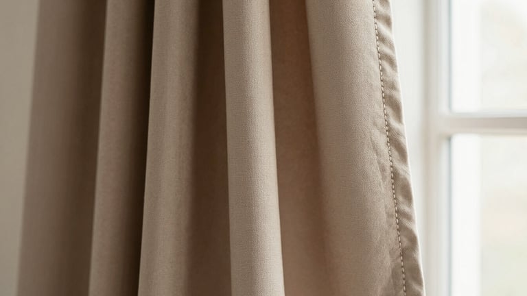 Close-up of premium warm taupe crepe fabric showing the delicate weave and clean stitching, warm editorial photography, soft natural window light, muted earth tones, elegant drapes, shallow depth of field, 35mm