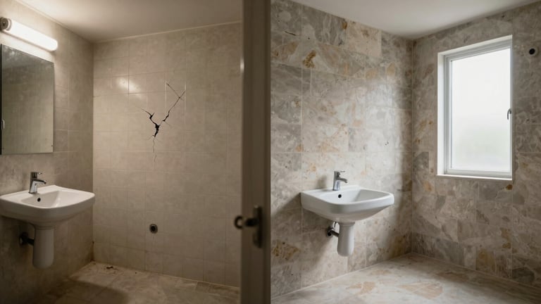 Side-by-side diptych of a bathroom before and after renovation — left half shows original cracked tile and outdated fixtures in harsh fluorescent light, right half shows the completed space with large-format stone tile, wall-hung basin, and diffuse natural light from a frosted side window, photographed from identical standing position to show exact spatial comparison
