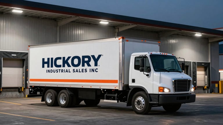 Wide panoramic shot of a HICKORY INDUSTRIAL SALES INC delivery truck (white, industrial, with orange accents) parked at a warehouse loading dock at dusk, high-contrast industrial lighting, 35mm.