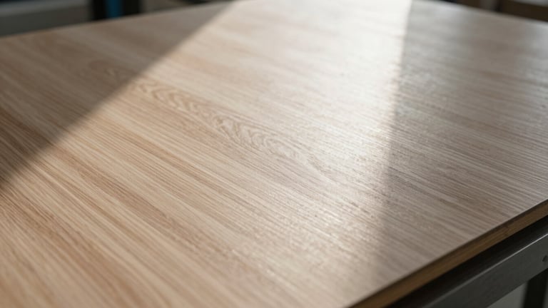 Close detail of high-pressure laminate panel surface texture under directional natural light, industrial context, no people, precise and material-focused framing