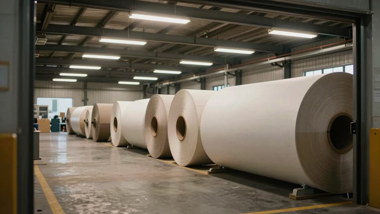 Wide interior of a paper and packaging converting facility, rolls of industrial paper stock visible along the far wall, ambient tungsten lighting, observational angle from the entrance, no staged subjects