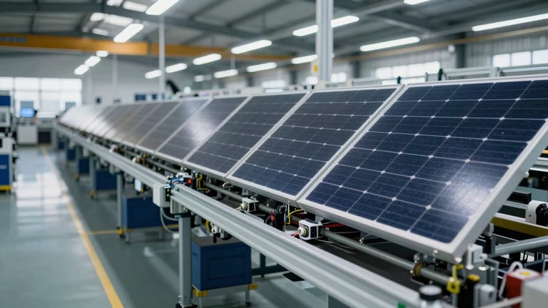 Ground-level view along a row of solar PV module assembly stations in a manufacturing facility, components visible on the line, cool daylight from skylights, no people posed, industrial observational framing
