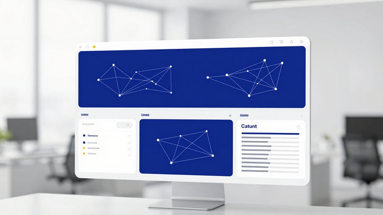 Sleek, high-contrast video player interface frame displaying a complex data dashboard, minimalist geometric network graphics, crisp studio illumination, deep royal blue and clean white tones, 35mm.