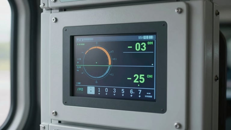 Close-up of a digital display panel showing climate control telemetry inside a secure transport vehicle, with data readouts for temperature and humidity, crisp industrial photography.