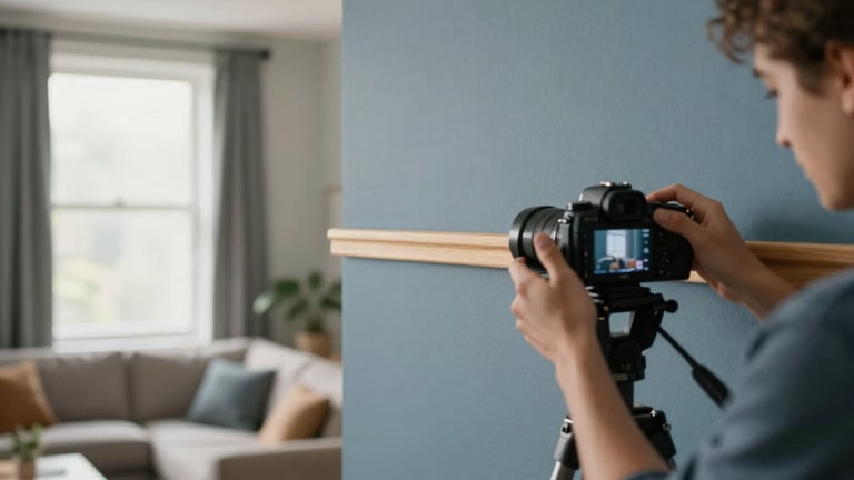 Warm editorial photography, soft natural window light, a camera on a tripod framing a modern apartment living room, hands carefully applying wooden moulding to a slate blue wall, shallow depth of field, 35mm.