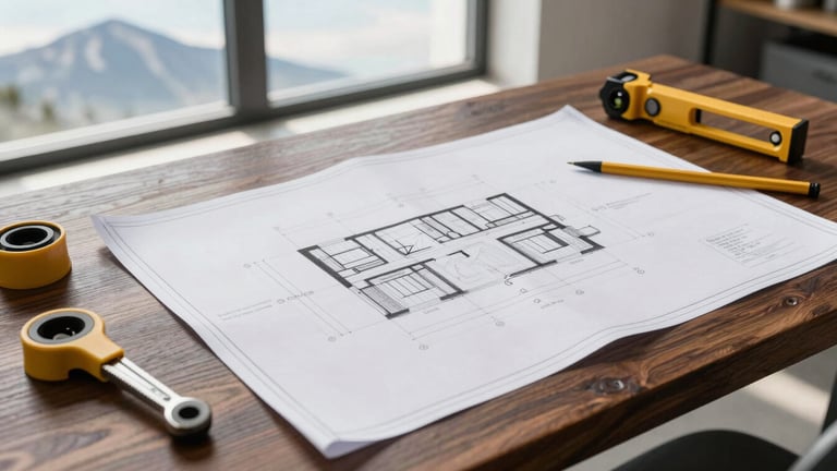 A clean, modern professional workspace with architectural blueprints laid out on a dark oak table, high-quality tools resting nearby, bright daylight pouring through a window.