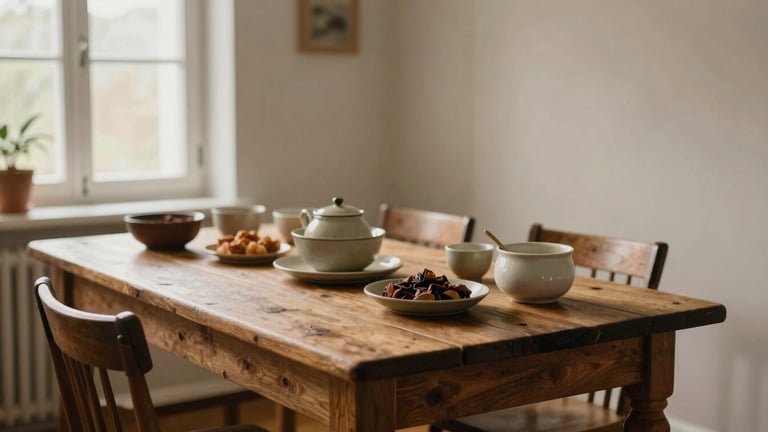 Amplo panorama de uma mesa de madeira rústica em um restaurante escandinavo, com luz natural suave, vários ingredientes frescos e utensílios de cozinha dispostos artisticamente, com espaço negativo à direita, tons quentes e terrosos, estilo de filme 35mm.