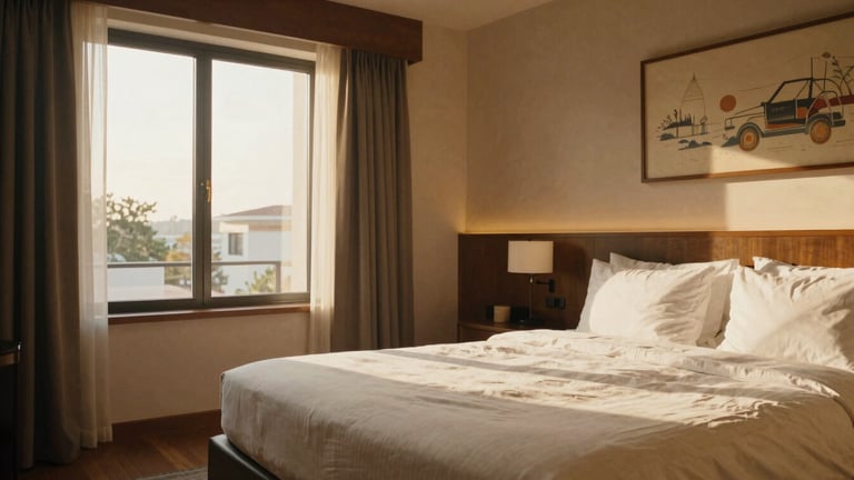 Interior of a boutique hotel room, warm and inviting, natural light from a large window, comfortable bed with crisp linens, subtle local art, 35mm film aesthetic, first-person perspective
