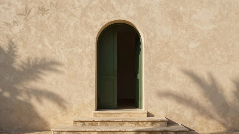 Minimalist architectural shot of three stone steps leading to an open arched doorway, warm stucco wall texture, soft olive branch shadows casting on the stone, warm afternoon light, 35mm photography