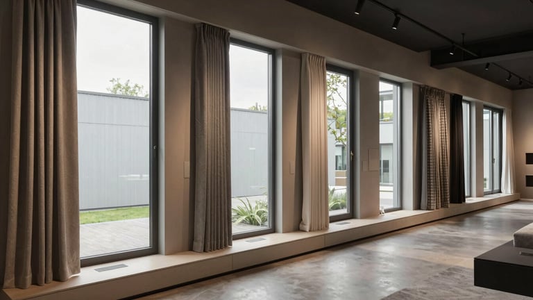 Wide architectural angle of the Maassluis showroom, modern minimalist display of premium window treatments and textiles, soft natural light.