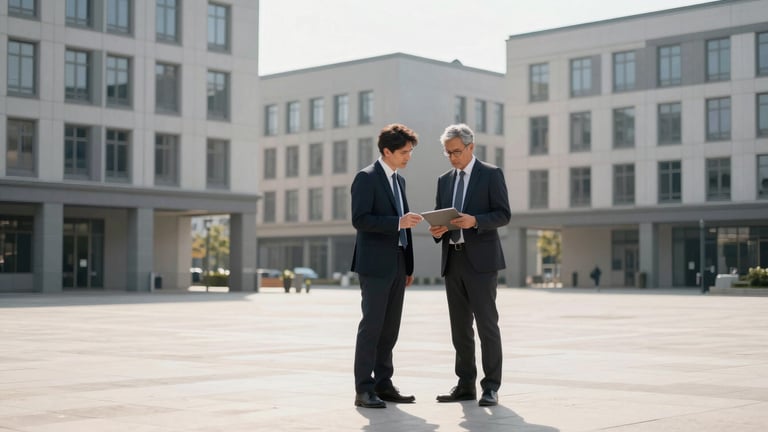 Wide panoramic shot of two professional consultants in business attire examining a public plaza, architectural buildings in the background, bright natural daylight, structured geometric compositions, medium shot.