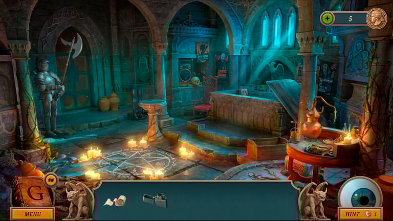 Candlelit gothic chamber hidden-object scene in Gwen Black: Cemetery Gate