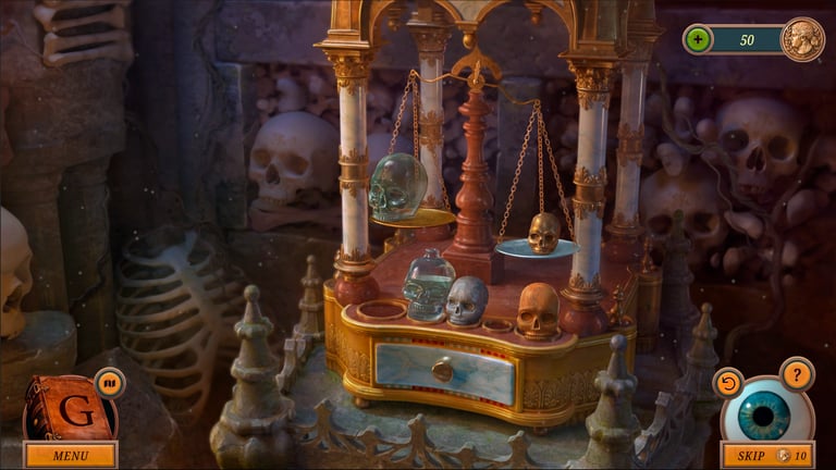 Skull shrine puzzle scene from Gwen Black: Cemetery Gate mystery adventure