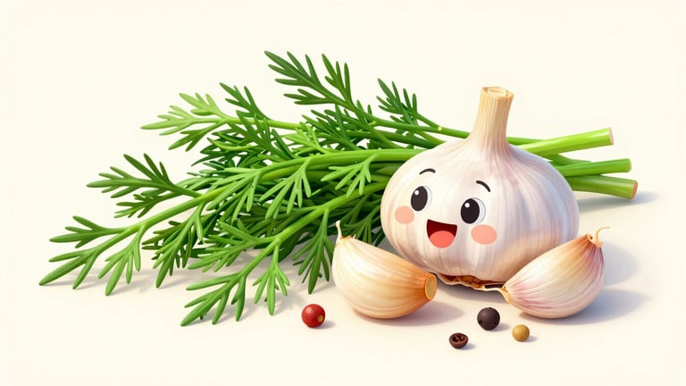 A bright, high-key close-up studio shot of fresh dill sprigs, garlic cloves, and mixed pickling spices scattered on a clean, cream-colored surface, vibrant 3D render illustration, bright studio lighting, bold saturated colors, playful character design, sharp focus.