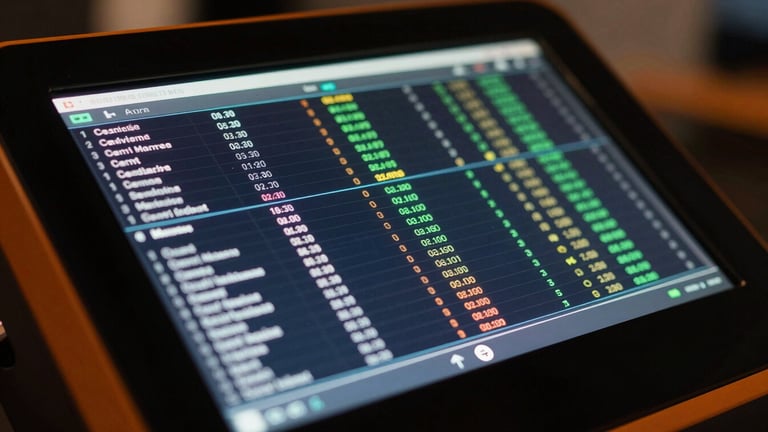 Close-up macro shot of a glowing digital media terminal screen displaying live data tables, high-contrast, dark background with orange accents