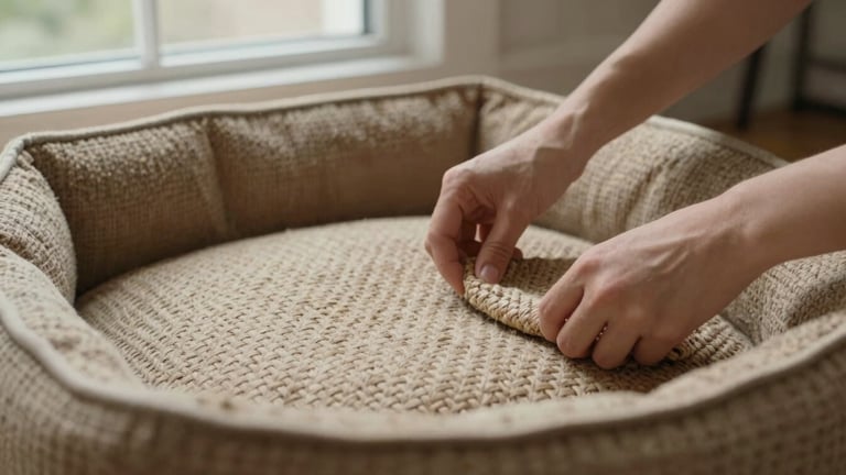 Close-up of hands inspecting the weave of a high-quality, natural fiber pet bed, soft natural window light, muted earthy tones, shallow depth of field, 35mm lens.